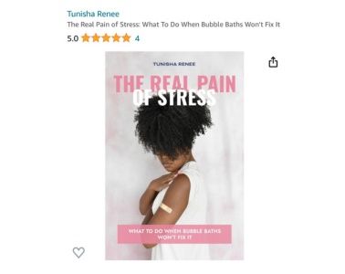 Amazon screenshot with 5-star rating of the book The Real Pain of Stress: What To Do When Bubble Baths Won't Fix It